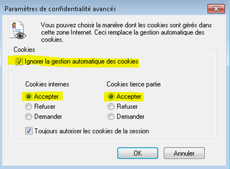 Les cookies propriétaires et tiers ont le bouton radio Accepter sélectionné, la case toujours
              autoriser les cookies de session est cochée